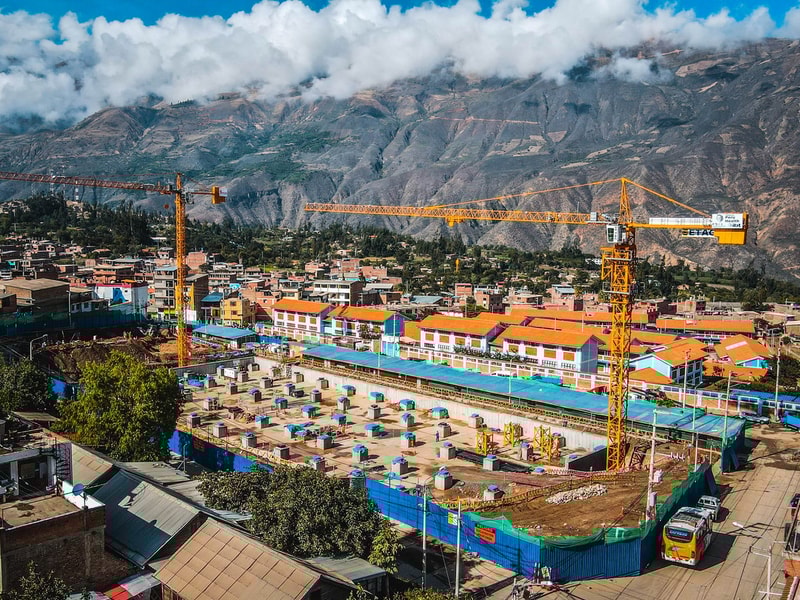 Aerial view of a large construction site in a mountainous area in Peru